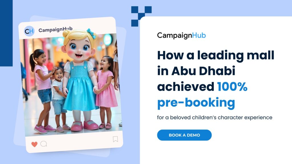 Families attending a pre-booked children’s character event using a digital mall event booking system